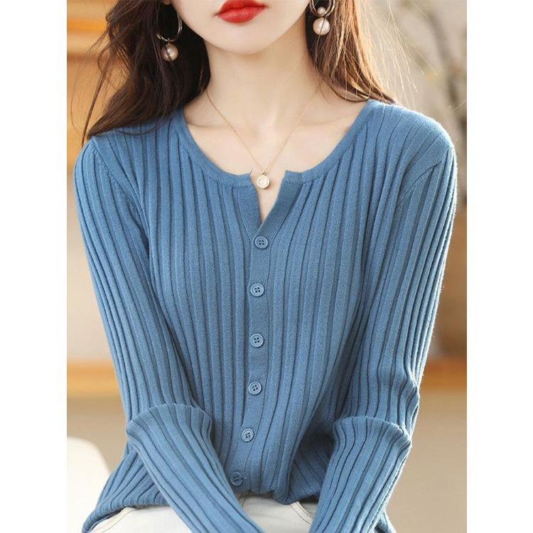 Women's Knitted Cardigan Round Neck Long Sleeved Sweater Solid Color Knitted Top for Autumn and Winter