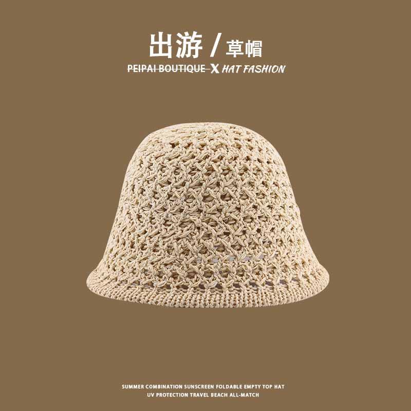 Women's Straw Hat Woven Sunshade Beach Hat Summer Hollow Breathable Bucket Hat Beach Sunshade Hat