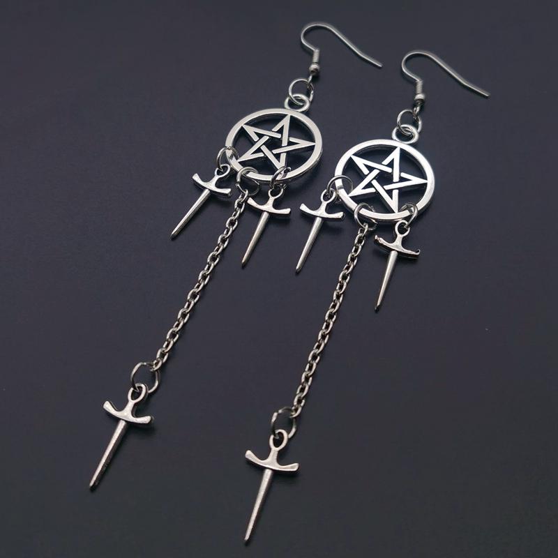 Pentagram Sword Earrings Silver Plated Hug Hoop Pendant Witch Jewelry Pagan Wikentaro Gothic Emo Women's Gift