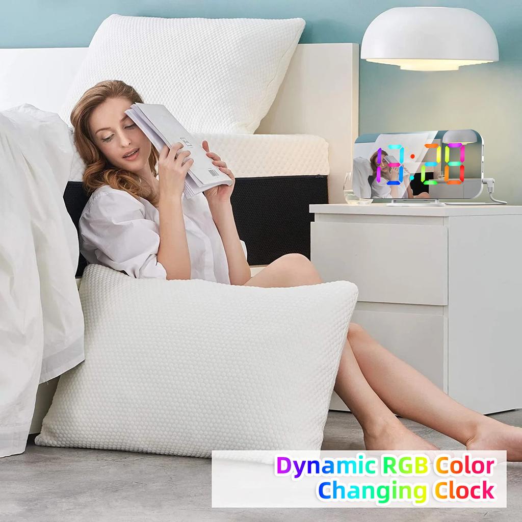 Digital Alarm Clock with Dynamic RGB Light Dimmable Brightness   Snooze Function USB   Port Mirror Clock 12HCelsius24H for Bedroom Home