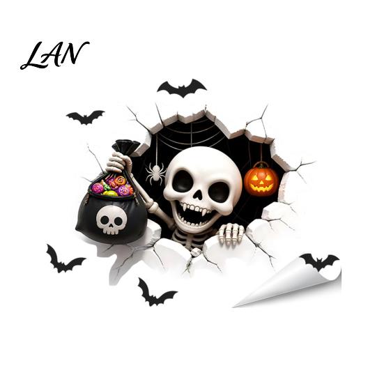 Black Cat Wall Stickers Halloween Stickers, 3D Broken Effect with Ghost Skeleton Pumpkin Bat Decals, Self-Adhesive Temporary Decorations Waterproof