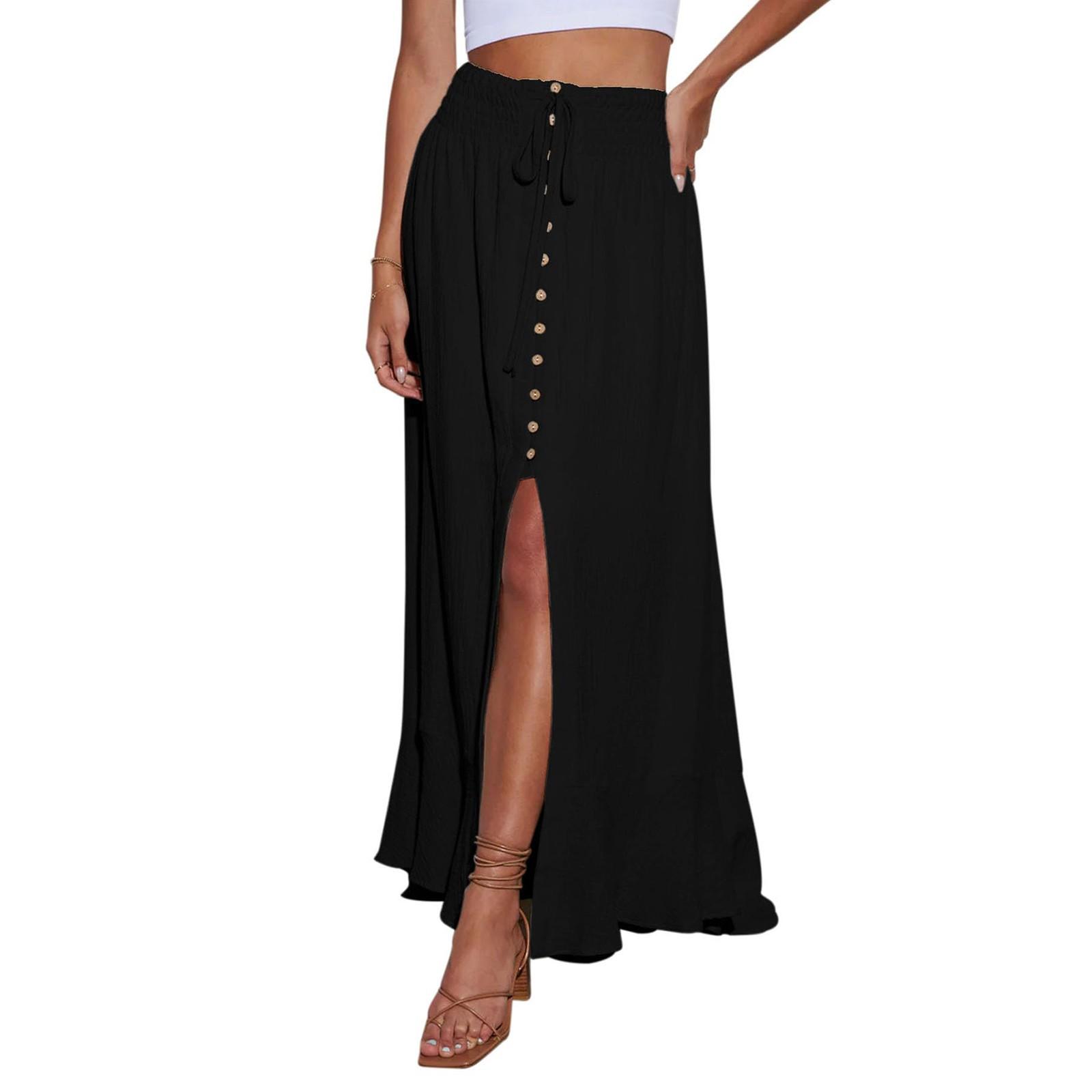 

Женское платье макси с эластичной талией, завязкой и пуговицами, повседневное, свободное, струящееся, с разрезом спереди M чёрный