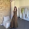 Temperament brown kinked sleeveless vest dress women's summer design long dress v-neck waist thin a-word skirt