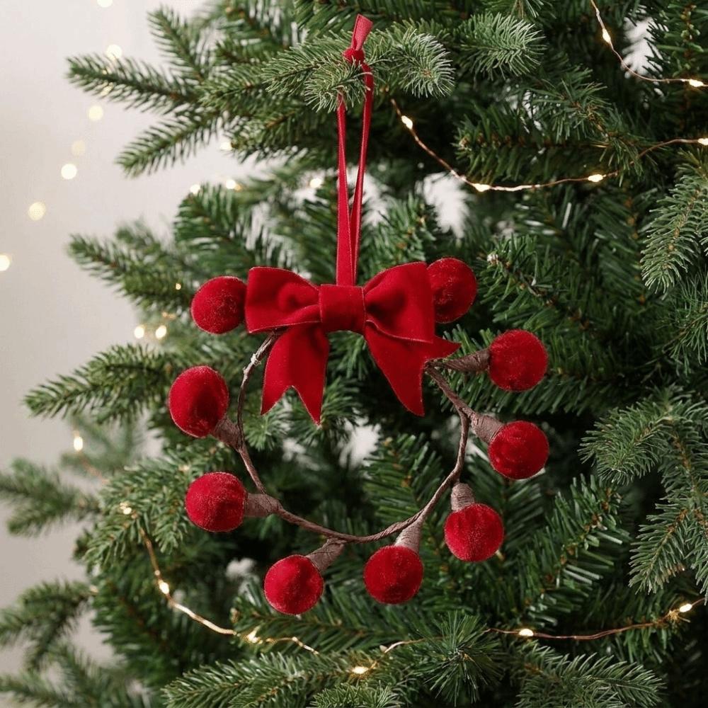 Wreath Shape Velvet Bow Christmas Ornament Christmas Pom Pom Pendant Winter Party Decoration