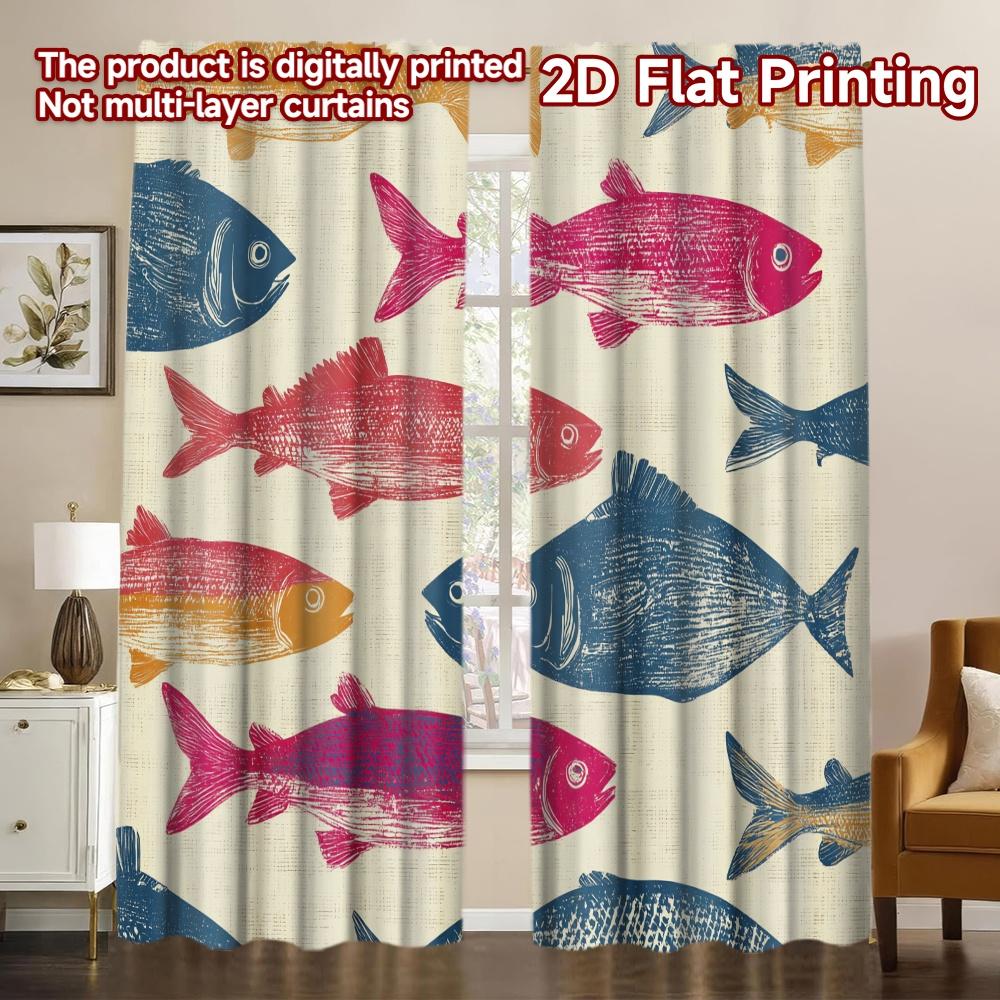 2D FLAT PRINTING 2pcs Curta (easter Decor) Colorful Fish Design Popular Pattern Curta Versatile Durable Polyester Curta