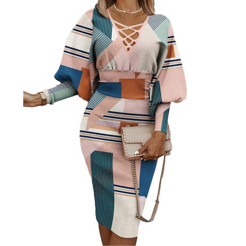 

Long Sleeve Printed V-neck Dress Long Sleeve Printed V-neck Slim Fit Dress Pink XL