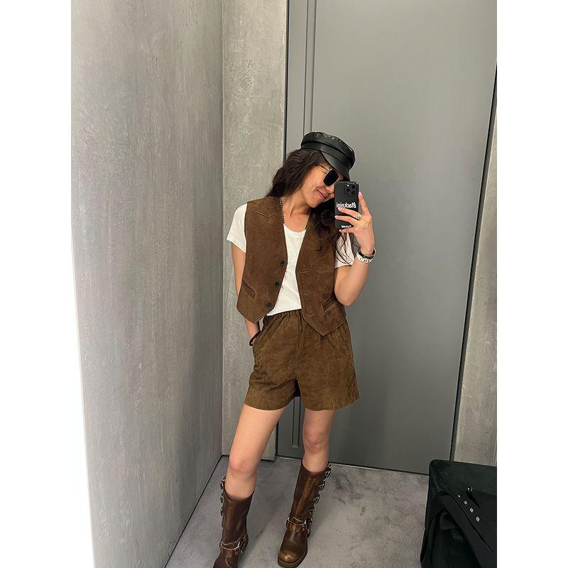 

Blacknini Yin Waffle/Trendy Trend Mercerized Suede Goatskin Suit Vest Elastic Waist Shorts Suit Shorts XS