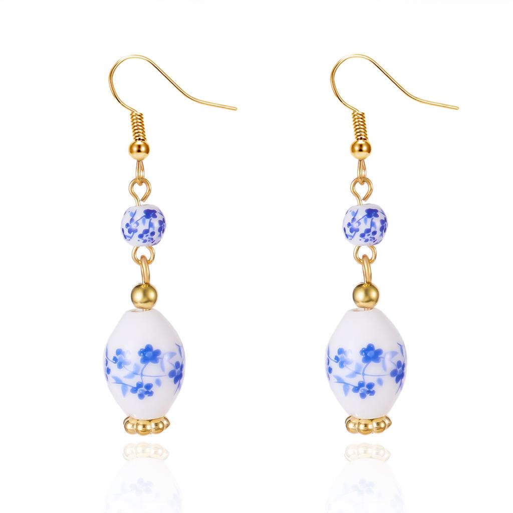 Chinese Style Floral Blue and White Porcelain Bow Earrings Jewelry Light Luxury Temperament