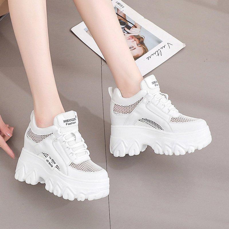 Scarpe che aumentano l'altezza per donna, Scarpe vecchie, Scarpe estive in rete traspirante, Scarpe casual con plateau, Scarpe bianche