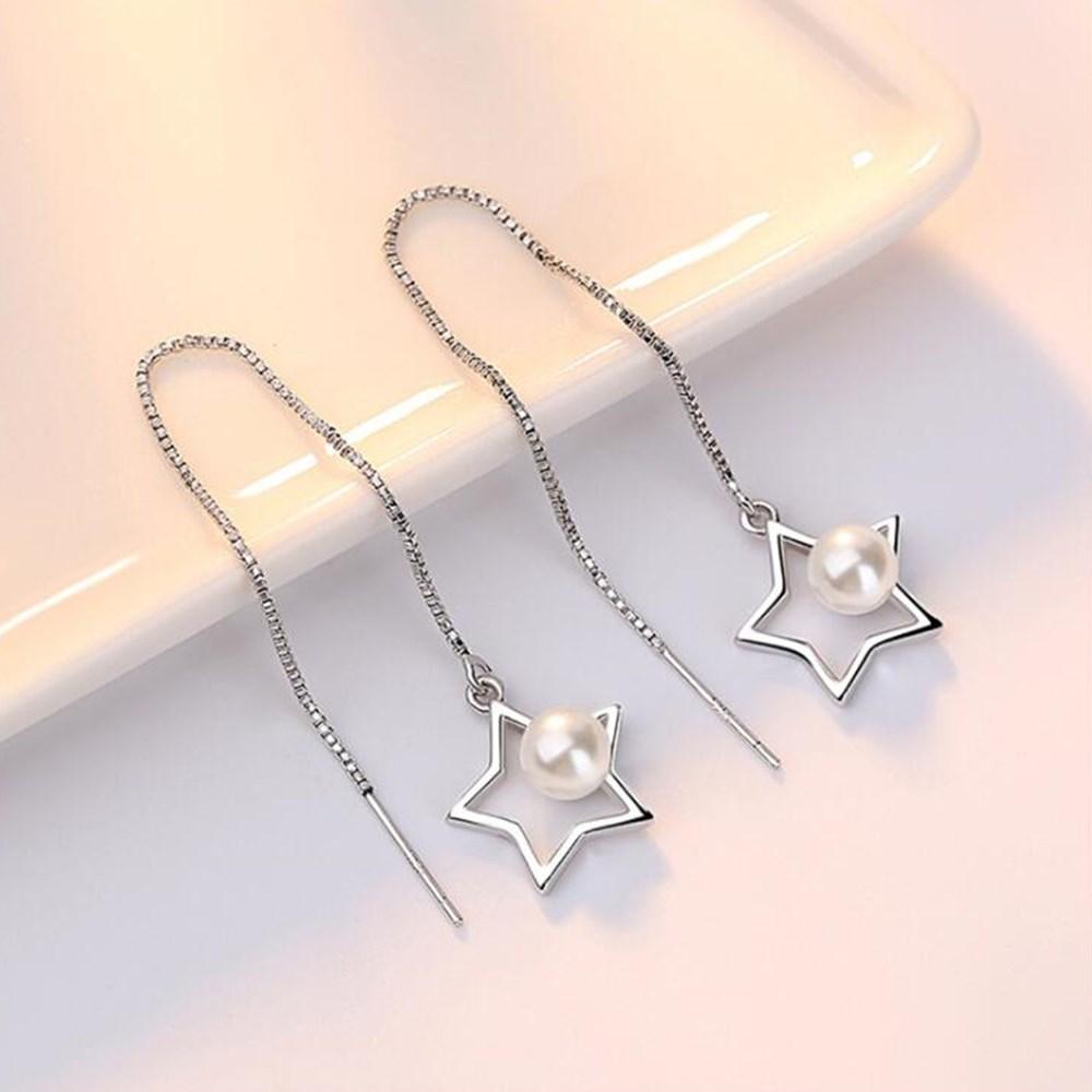 925 Silver Needle New Woman Jewelry Fashion Earrings High Quality Round Pearls Retro Pentagram Long Tassel