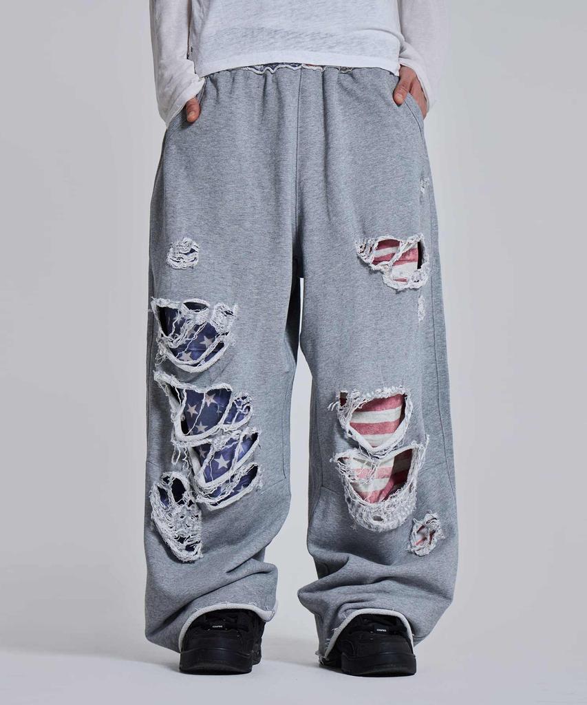 Jeidideuleondeon (U) Grey Marl Stars And Stripes Distressed Monster Jogger Grey