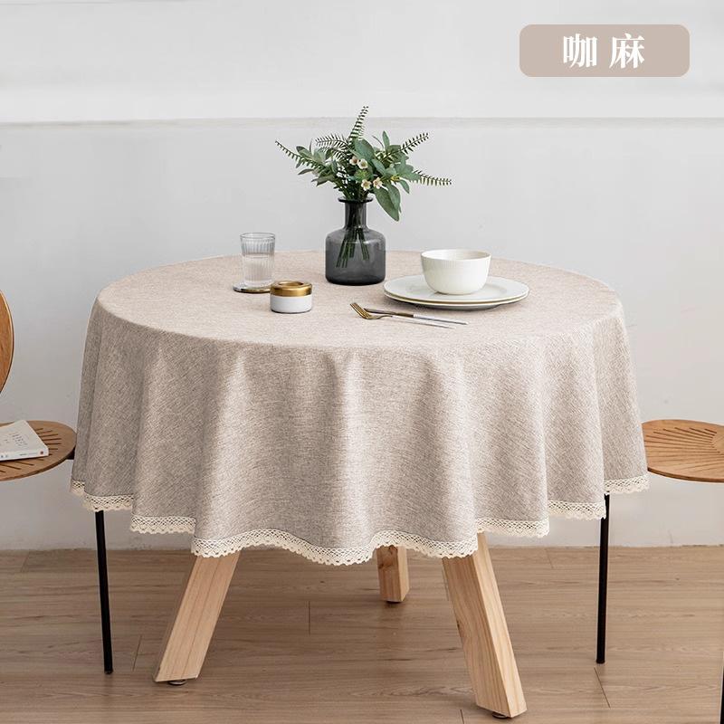 Round Solid Color Dining Table Cloth French Lace Cotton Linen Waterproof and Oil Proof Hotel Restaurant Tablecloth Decoration