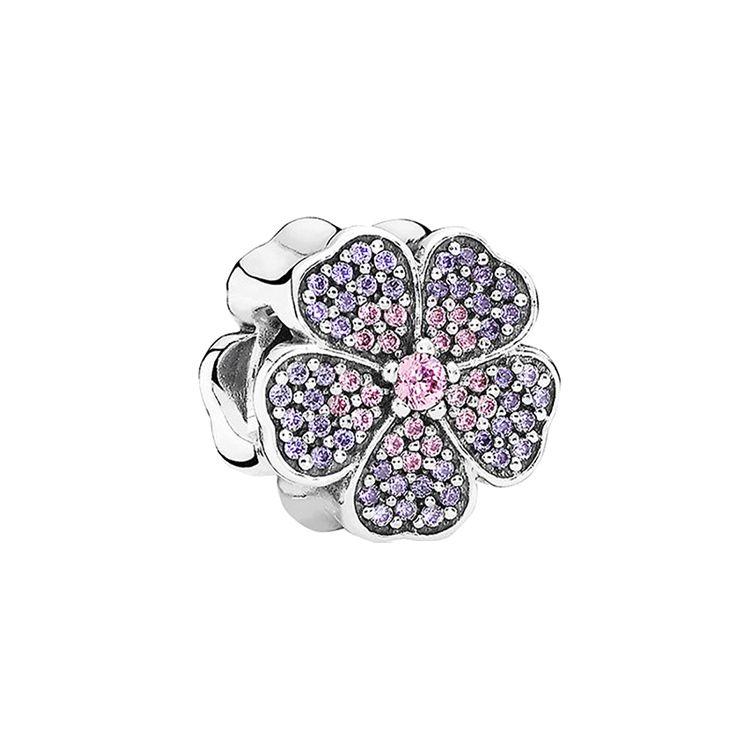 Pandora Pink Purple Shiny Cherry Blossom Grass Inlaid Zircon Silver Charm Unisex Charm 791481PCZ Pink, Purple