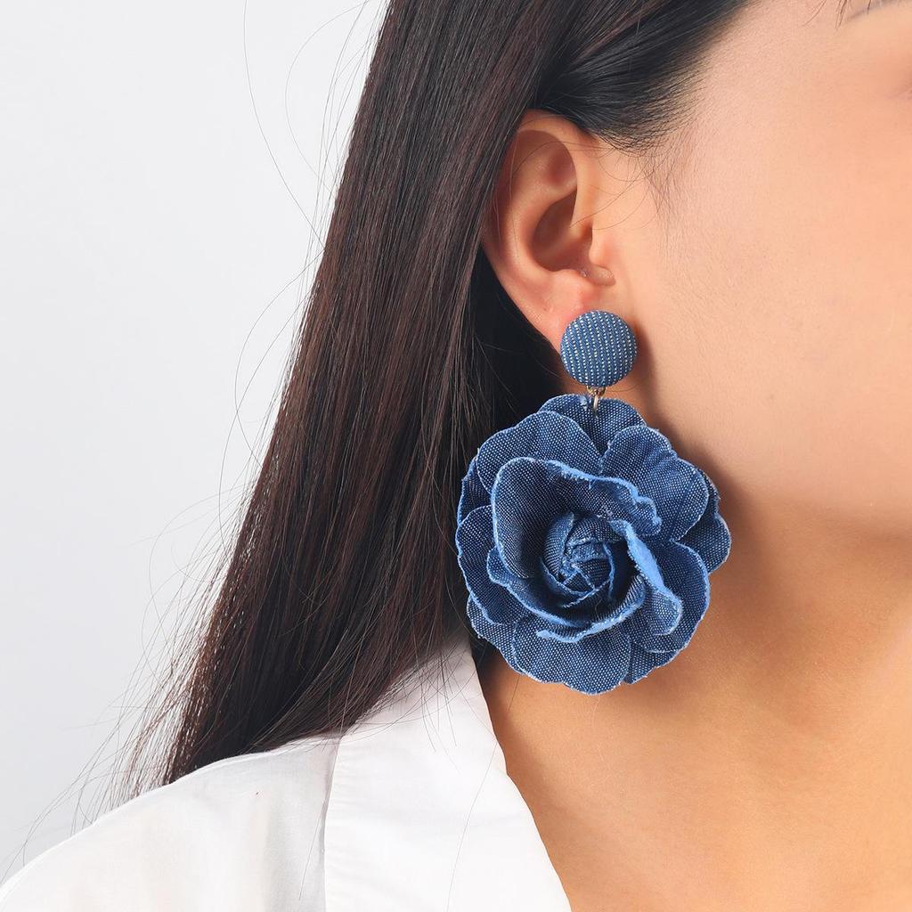 Autumn & Winter Floral Earrings: Blue Rose, Trendy Exaggerated Design for Women