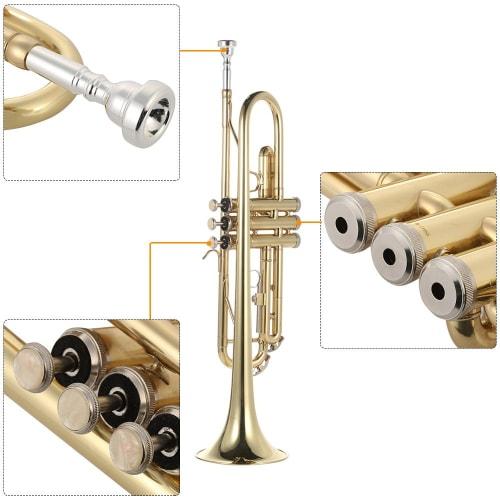 Juspins Trumpet Bb Flat, Brass Gold Finish, Exquisite and Durable Instrument with Mouthpiece, Gloves, Strap, and Case