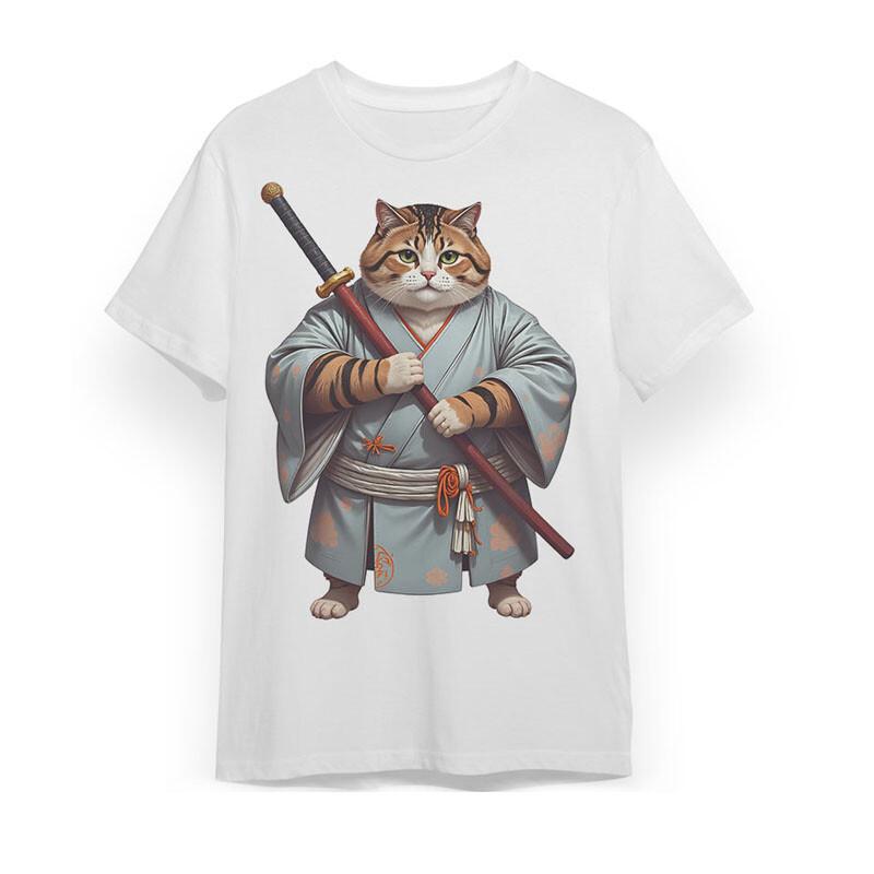 

Men s Plus Size T-shirt With Samurai Cat Warrior Graphic Unisex White Cotton Tee L