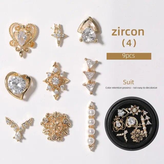 

9 предметів 3D металеві цирконові діамантові прикраси для нігтів Цирконові стрази Ювелірні вироби для нігтів зі сплаву з цирконовою китицею Підвіска для нігтів Доступ до нігтів слонова кістка