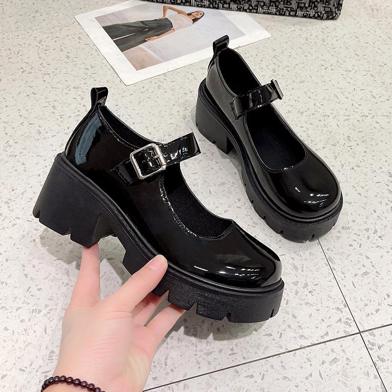 

Comemore Leather Shoes Women Daily Round Toe Black Retro Thick Bottom Mary Jane Shoe Pumps Platform Sandals Women’s High Heels 40
