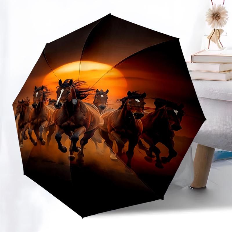Galloping Horses Sunset Scene Automatic Opening/Closing Umbrella - Portable Folding Design, 8-Bone Iron Frame Outdoor Umbrella, Ideal Gift f