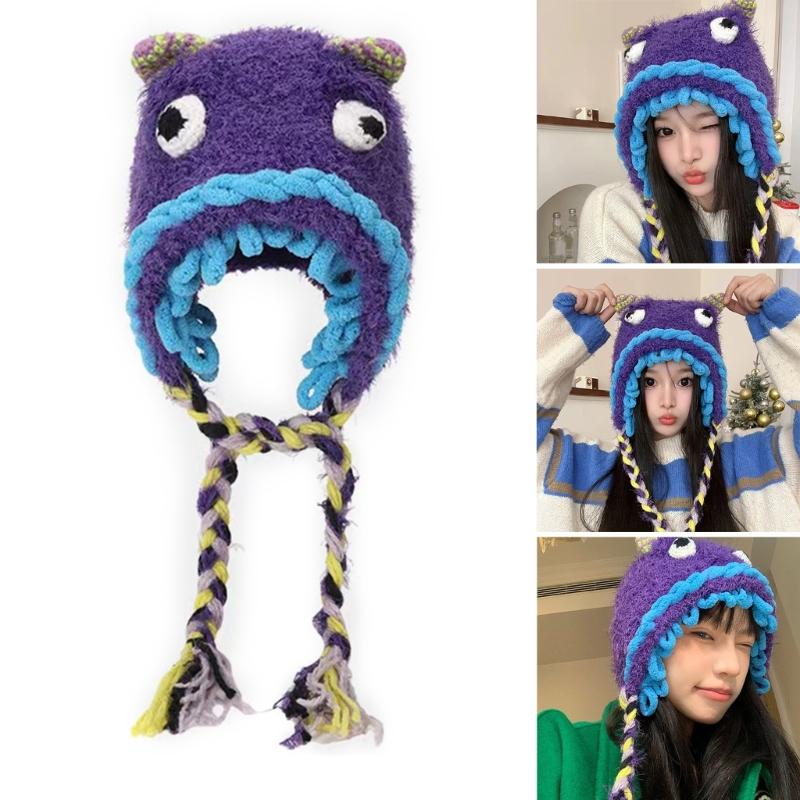 Winter Warm Plush Hat for Women Funny Monsters Hat Hooded Skull Hat Outdoor Activity Cap Windproof Headwear Pullover Hat