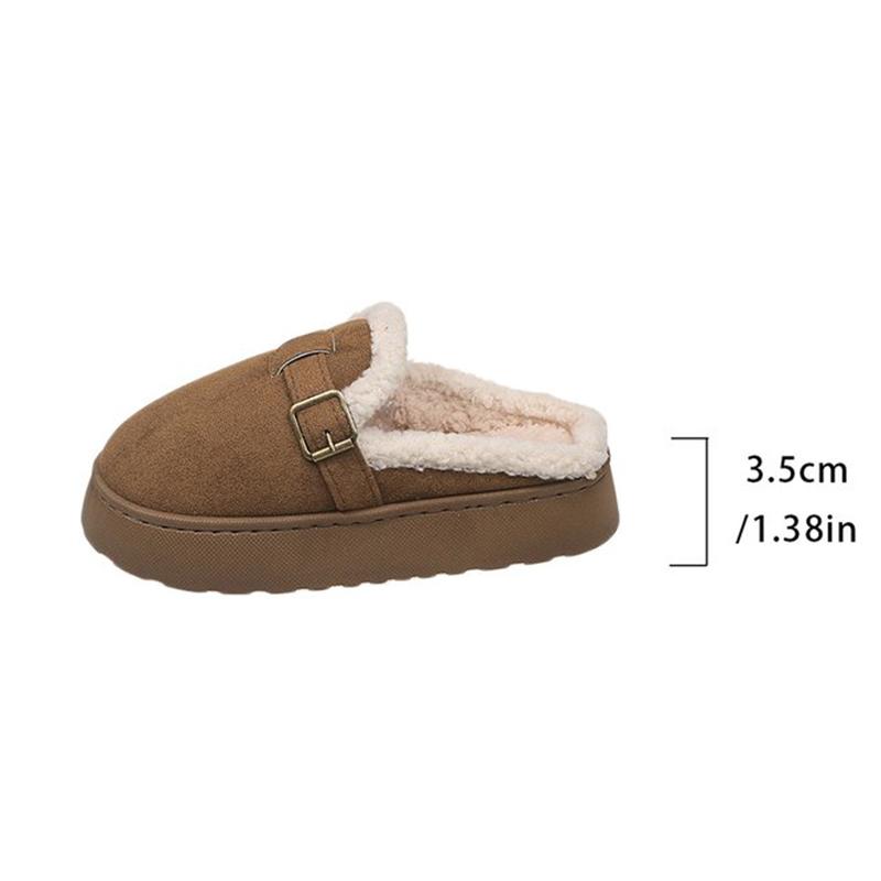 Fashion Warm Short Plush Mules Slippers Women 2025 Winter Soft Thick Bottom Fluffy Fur Casual Shoes Metal Buckle Corduroy Home Slippers