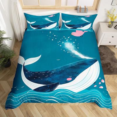 Blue Sea Whale Duvet Cover King Full Cartoon Ocean Animal Kids Bedding Set Coastal Beach Comforter Cover Ocean Waves Quilt Cover