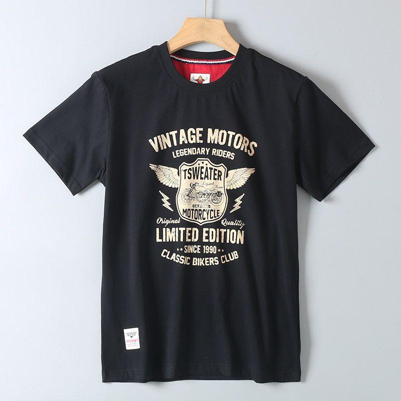 Foreign Trade Export Surplus Summer New Vintage Motorcycle Print All-Cotton Washed Men's Round Neck Casual Short-Sleeve T-Shirt