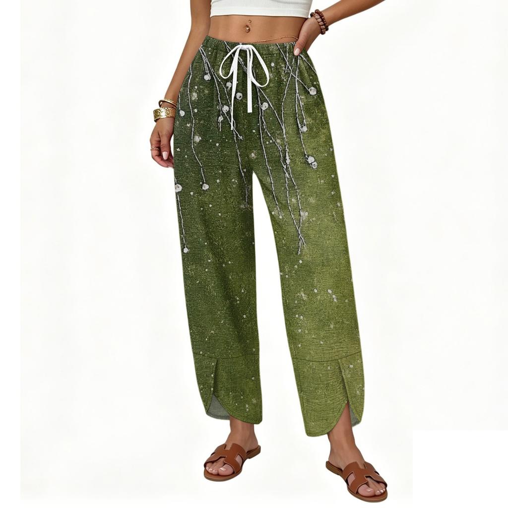 Damen Casual Hose mit weitem Bein, Kordelzug und Print, lockere Passform