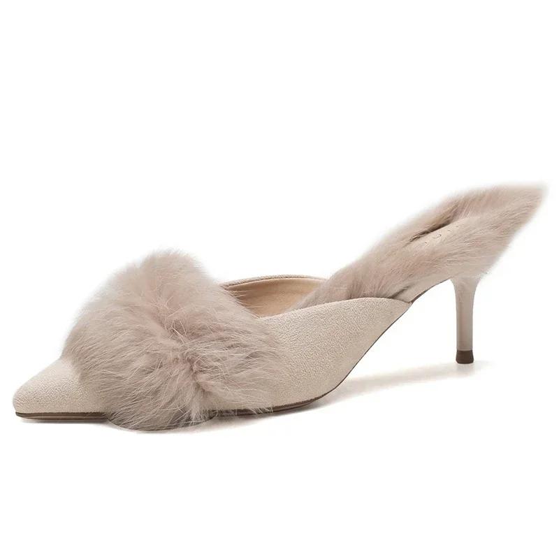 Fashion New Autumn Winter Fluffy Mules Slippers Women Pointed Toe Pumps Warm High Heels Slides Women Plush Thin Heels Slippers Female
