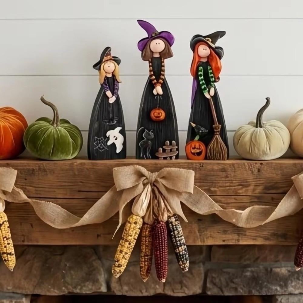 Pumpkin Accent Halloween Witch Figurine Wooden Material Halloween Witch Ornament Tabletop Use
