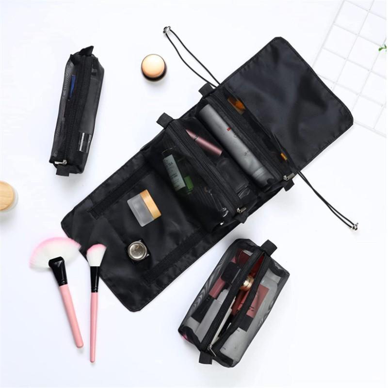 Abnehmbare Nylon-Make-up-Tasche, großes Fassungsvermögen, 4-in-1, tragbar, faltbar, Reise-Kulturbeutel, Make-up-Pinsel, Lippenstift, Aufbewahrungsorganisator, Kosmetiktasche