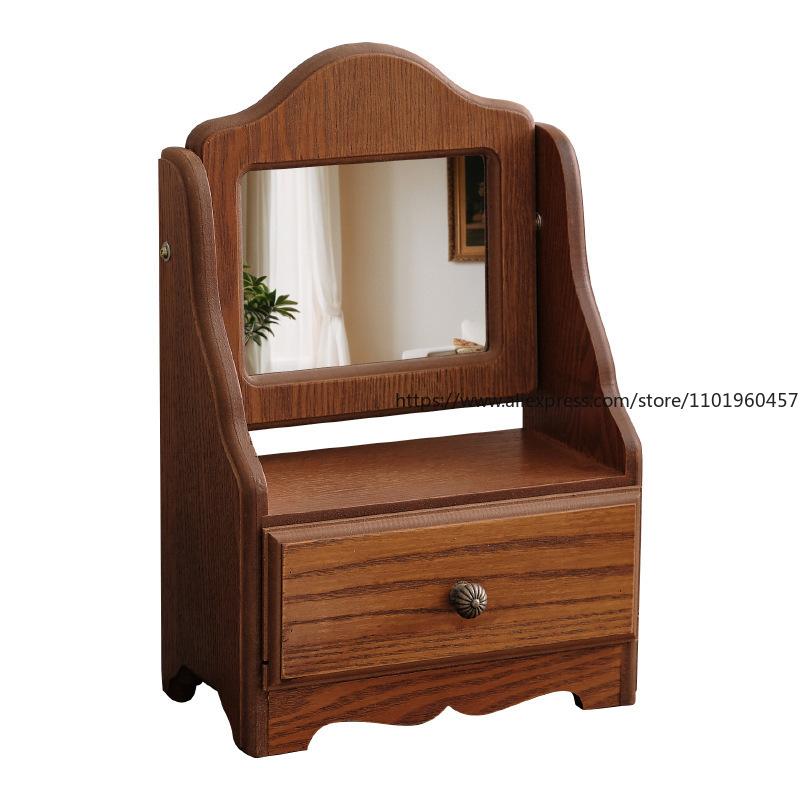 Ins-style French Medieval Wooden Makeup Mirror, Tabletop Decoration, Standable, Suitable for Girls' Bedroom Dressing Mirror