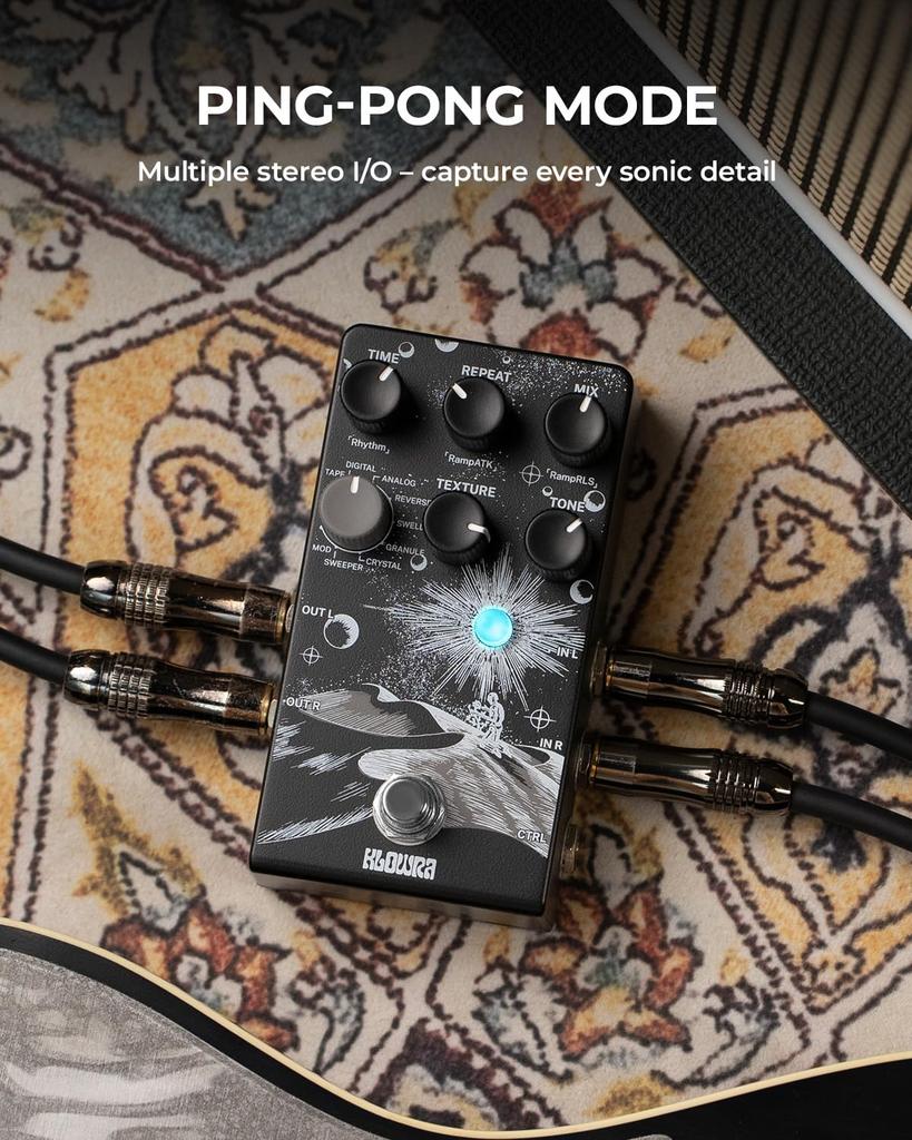 Klowra Everlast Delay Pedal for Electric Guitar - 2025 Edition Digital Guitar Effect Pedal with 9 Stereo Delay Types, Tap Tempo, True Bypass, Analog