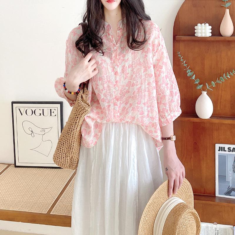 Women s 2026 Summer Floral V-Neck Mid-Sleeve Ramie Top XX-Large