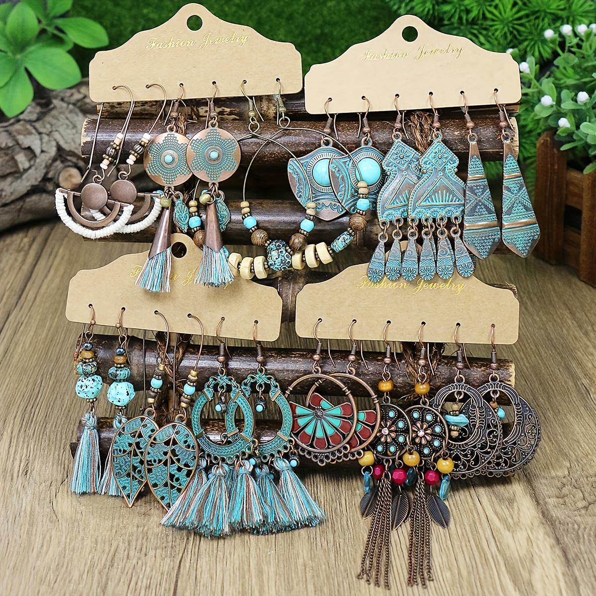 

Boho Bronze Color Earrings Set Multi Pieces Set Geometric Big Ear Ring Beads Flowing Tassel Design Turquoise Inlaid Party Decor