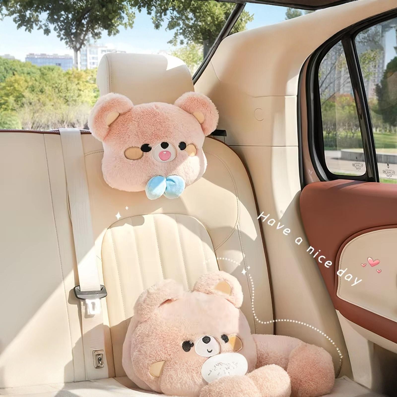 

Car Neck Pillow Cute Plush Cartoon Bowknot Bear Travel Rest Cushion Neck Pillow Headrest Kawaii Car Interior Accessories One Size