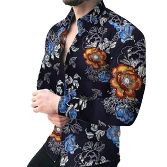 Eye-catching Men Shirt Fine Workmanship Polyester Long Sleeve Flower Pattern Men Shirt Top for Daily