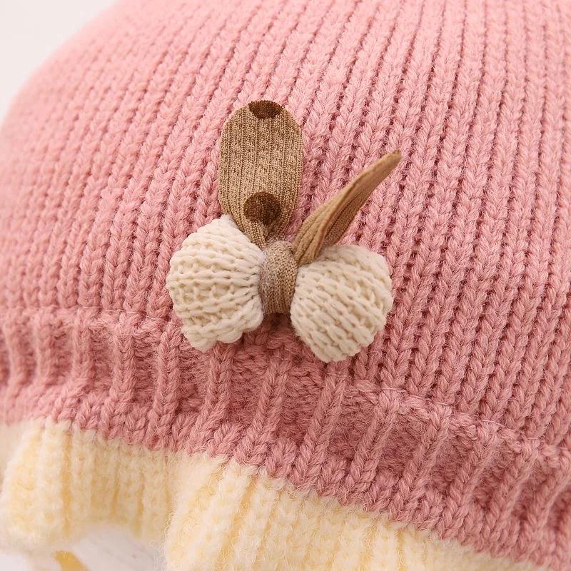 Cute Bow Ruffle Baby Hat Winter Thicken Knitted Warm Infant Lacing Cap Solid Color Newborn Girl Ear Protection Bonnet Beanie