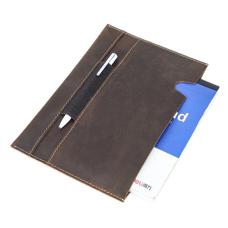 A5 Crazy Horse Leather Notebook Cover with Pen Slot - Handmade Cowhide Simple Wipe-Open Design