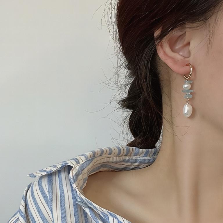 Haifengyin natural aquamarine freshwater pearl stud earrings retro light luxury high sense gentle temperament niche earrings