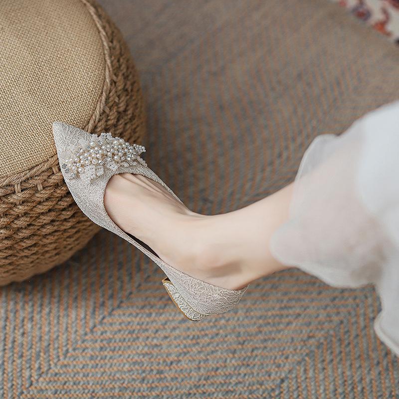 

High Heels Women s Spring and Autumn New One-word Diamond Bead Crystal Wedding Shoes Thick Heel Pointed Bride Shoes Pumps Women 34