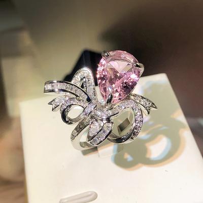 Carat Simulation Full Pink Zircon Bow Ring Debutante Luxury Engagement Jewelry