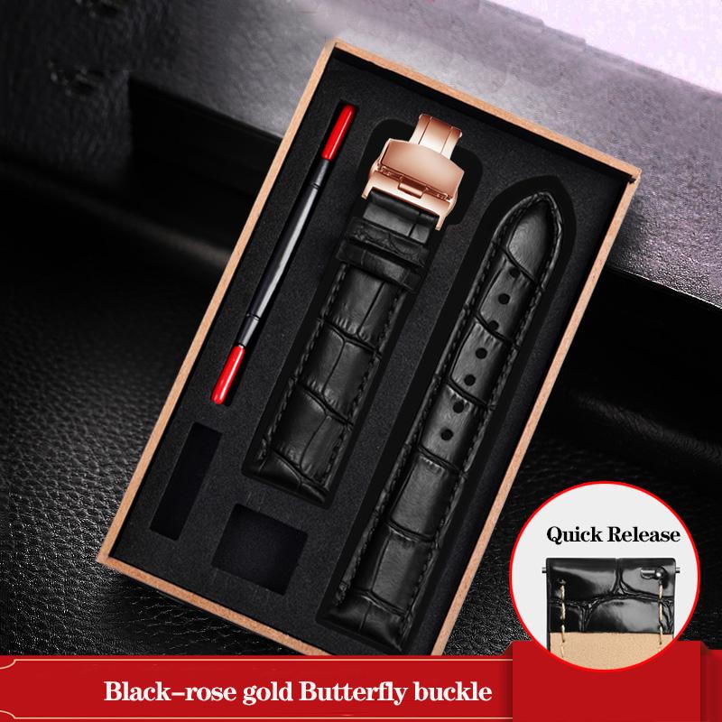Leather Watchband Black Blue Cowhide Strap Butterfly Buckle Fits All Brands of Watches Men Women 12/14/15/16/18/19/20/22/23mm