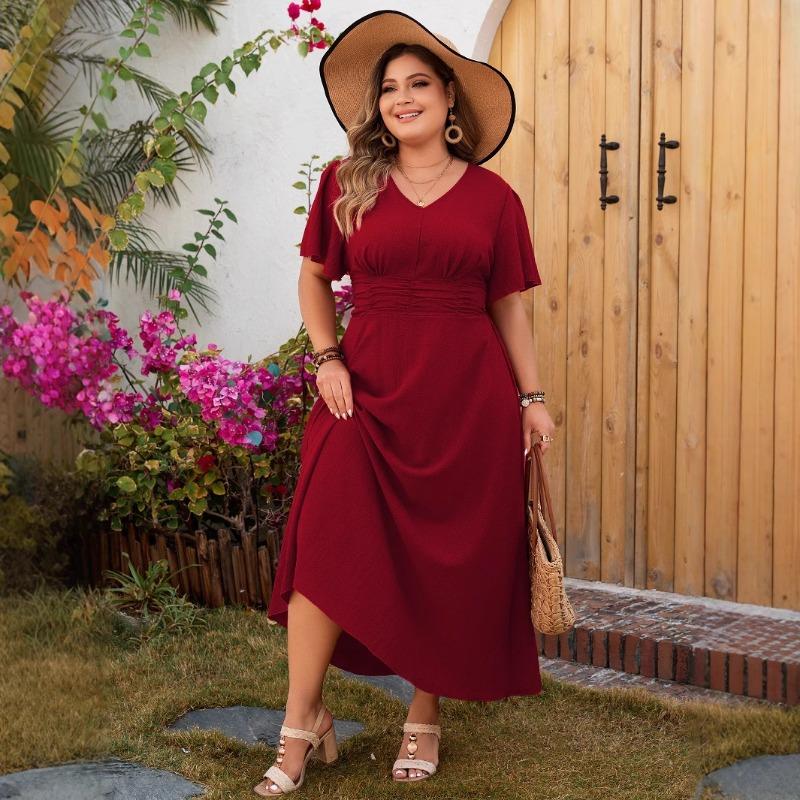 A V-neck Chiffon Short-sleeved Dress for Women's Spring and Summer Vacation