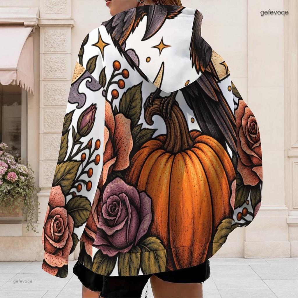 Women Plus Size Zip Up Drawstring Hoodie Long Sleeve Pumpkin Printed Casual Hooded Sweatshirt With Pockets