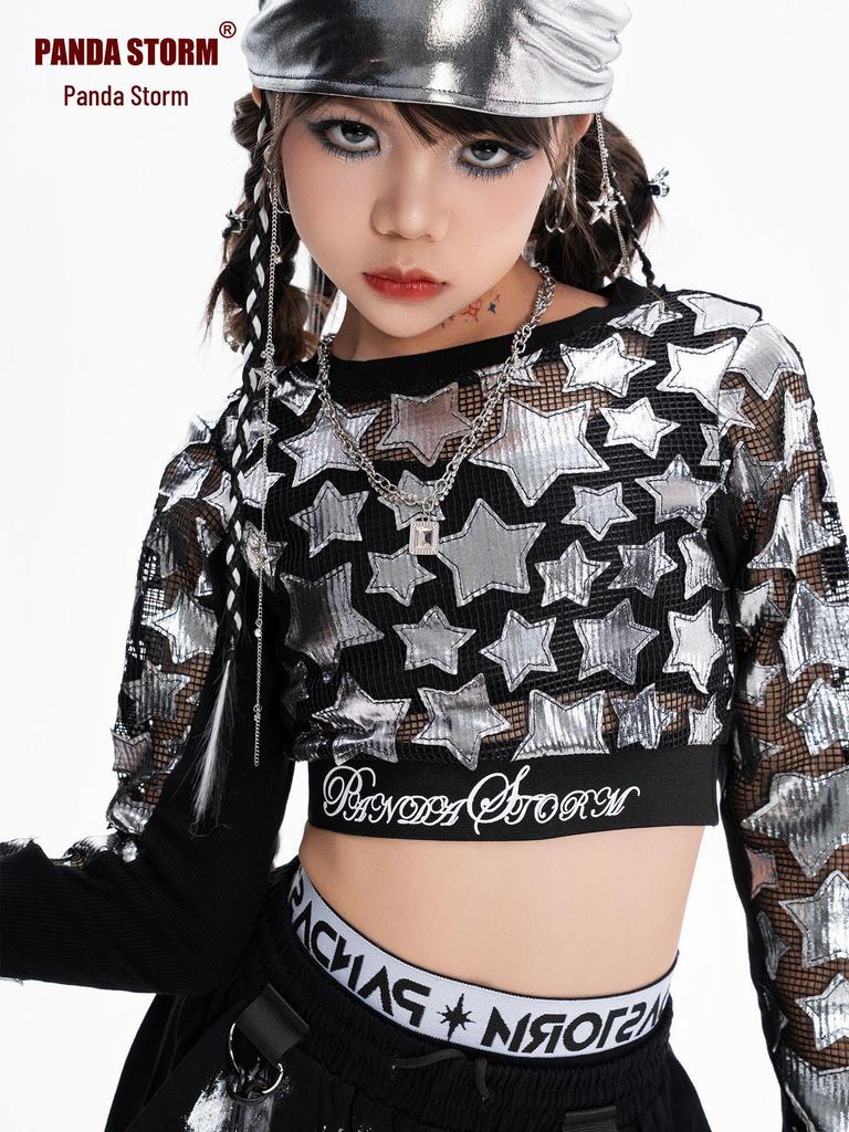 Girls' Jazzy Crop Long-Sleeve Top & Pants Set - Children's Street Dance Costume