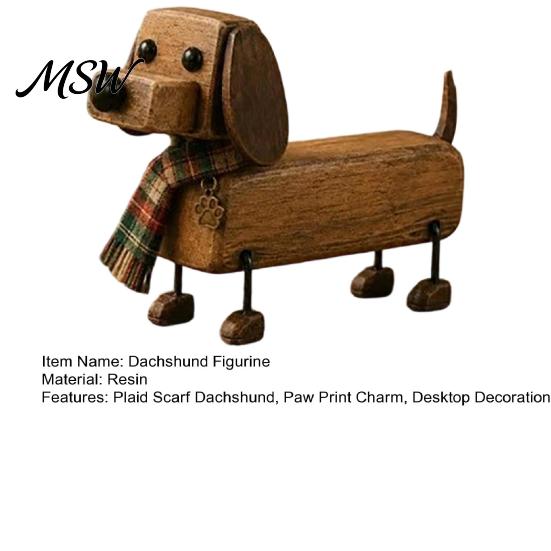 Retro Dog Statue Plaid Scarf Dachshund Figurine, with Paw Puppy Collectible Toy Print Charm, Handcrafted Mini Desktop Decoration