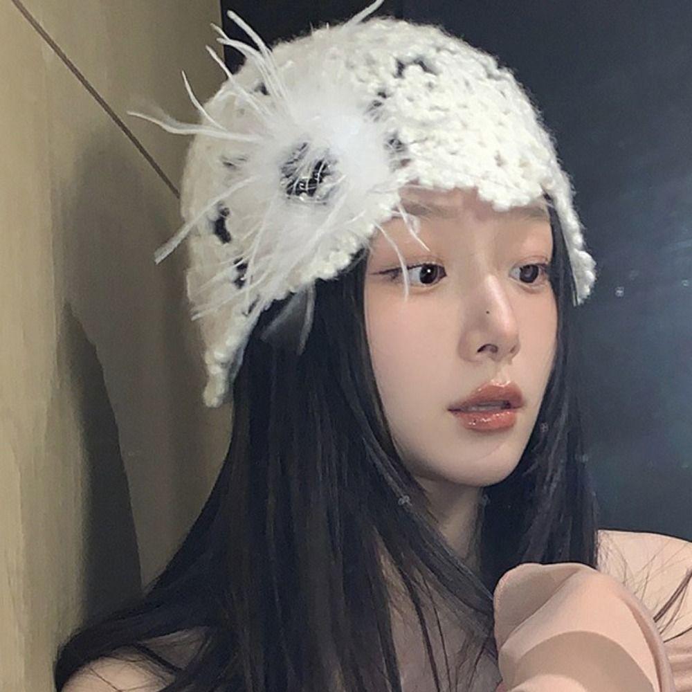 Bohemian Hollow Knitted Beanies Hat Weave Y2K Sweet Hat Vintage Casual Turban Hat  Autumn