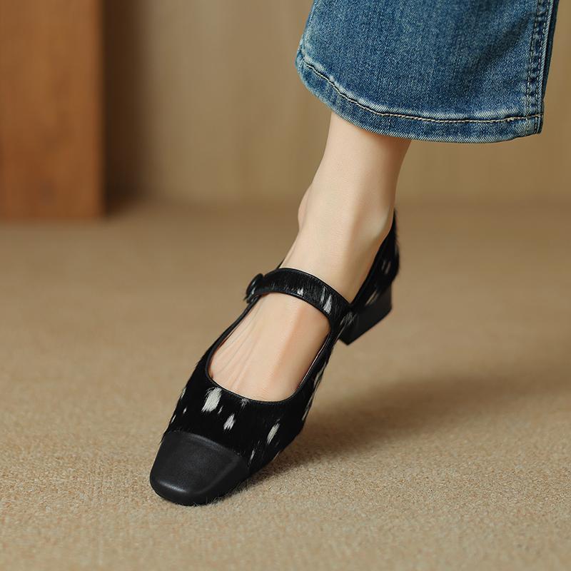 Fashion Large Size 34-41 Women's Horsehair Mary Jane Pumps 4cm Thick Low Heel High Quality Soft Comfortable Daily Shoes for Woman Sale