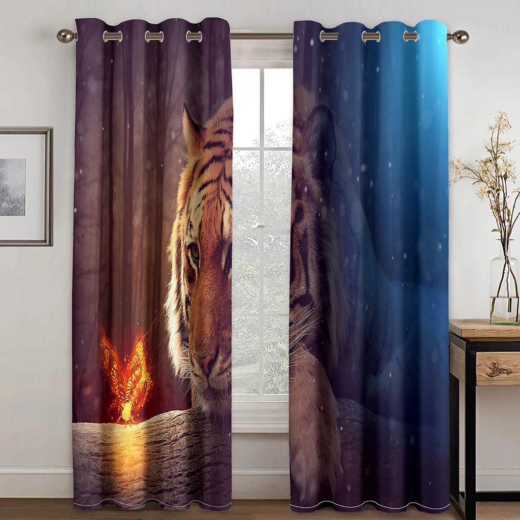 Blue Wolfs Animals Rose Leopard Two Drape Thick Window Curtains for Living Room Bedroom Decor Tiger Pattern High Shading Drape